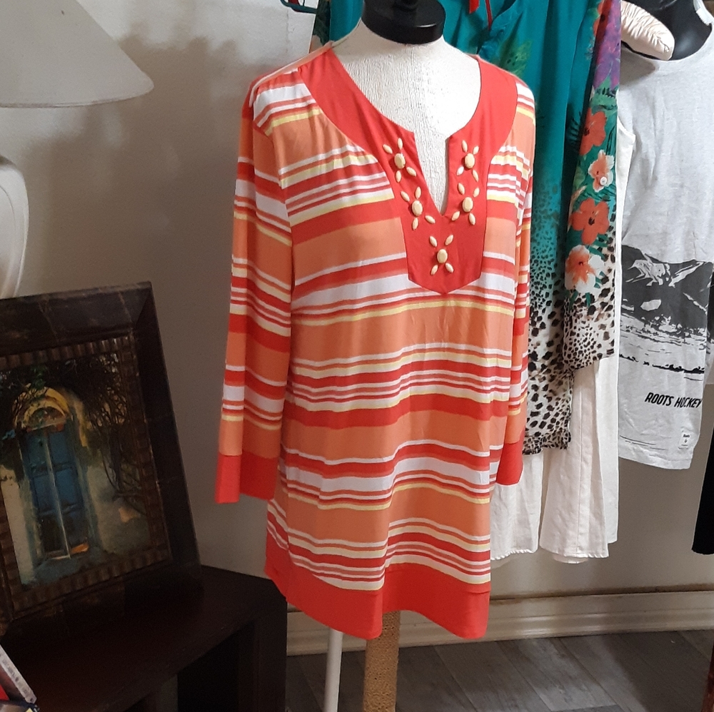 Womans dress Sz XL Short Orange White Striped long sleeve Republic stretchy